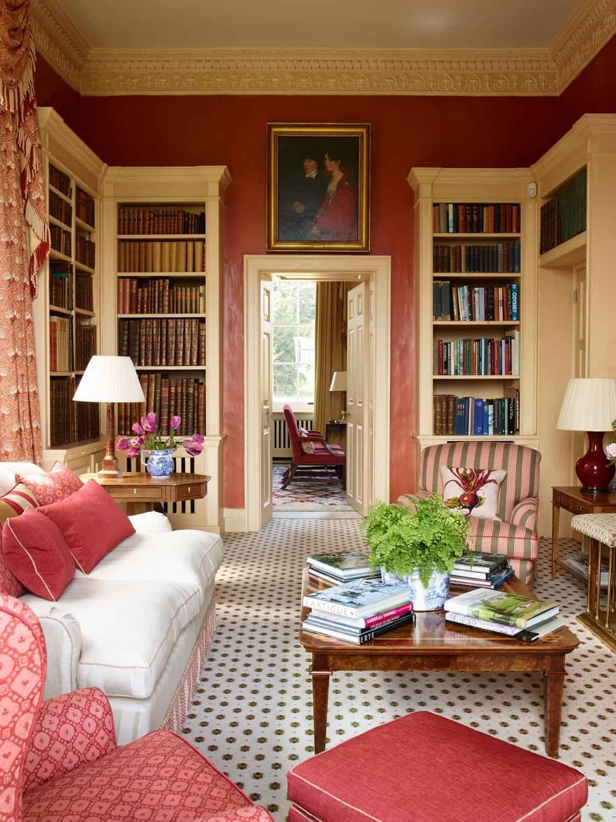 A beautifully decorated library awaits at Farleigh House